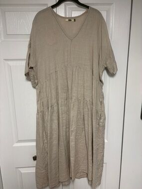 Boxy V-Neck Tiered Midi Dress in Beige